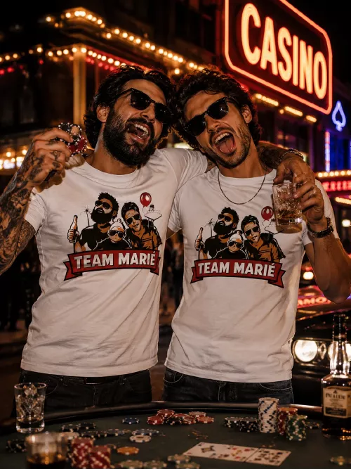 Deux hommes en t-shirts personnalisés « Team Marié » au casino